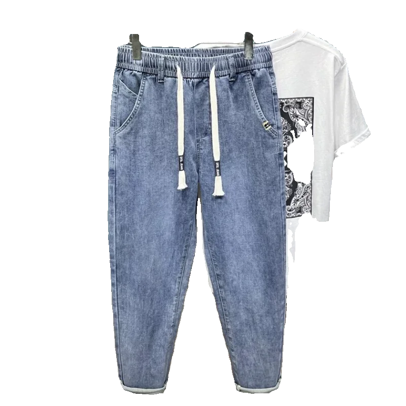 

Summer Thin Elastic Waisand Stretchy Jeans Men Loose Fit Slim Leg Soft Versatile Casual Harem Pants Youth Trend Cotton Poly...