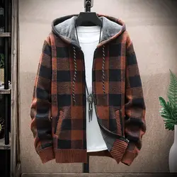 Men's New Winter Plaid Sweater Hooded Cardigan Cold Coat Wool Zipper Jacket Autumn Fleece Warm Clothes Checkered Knit Jumper