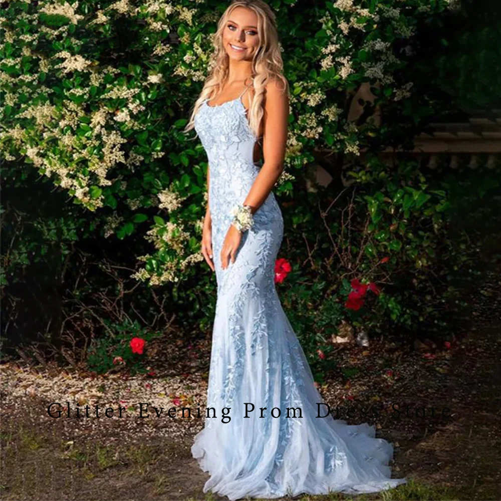 2024 Modern Sexy Mermaid appliques Prom Dresses For Women O-Neck Sweep Train Backless Tulle Custom Birthday Evening Party Grows