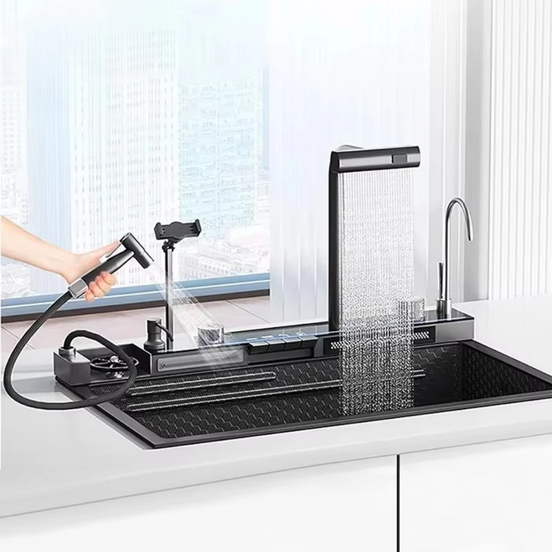 Custom LED Digital Display Waterfall Black Stainless Steel Single Bowl Kitchen Sink Modern Multifunctional Bottom Cup Washer