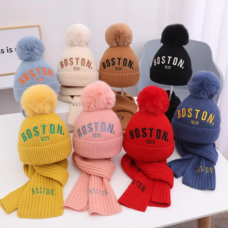 Gorro de lana con letras para niños y niñas, conjunto de gorro de punto cálido con bufanda para exteriores, moda de invierno, 8 colores, 3 a 8 años