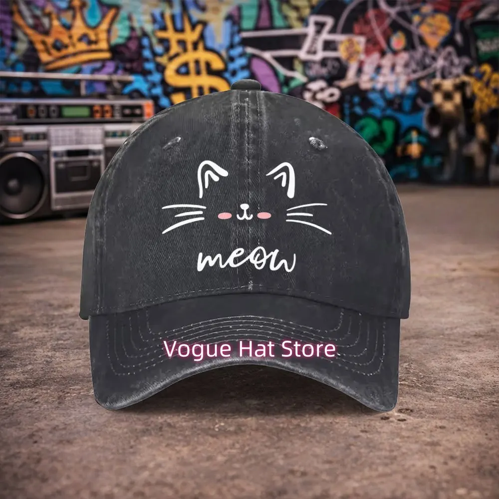 1pc Unisex Cute Cat Meow Vintage Washed Baseball Cap - Men'S Trendy Hat - Versatile Duckbill Cap   Fun Print   Unique Birthday G