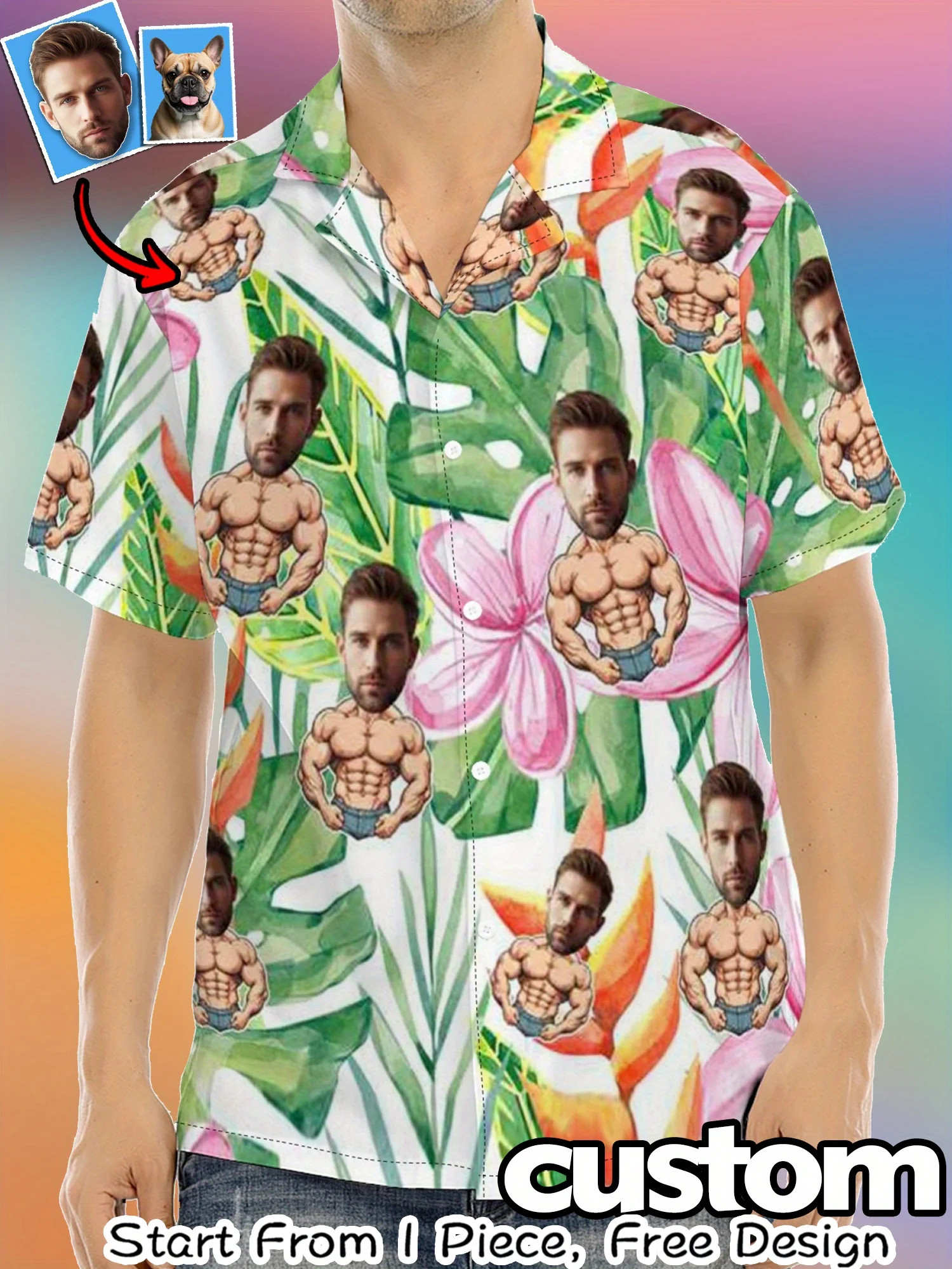 

Personalized Muscle Hawaiian Shirt with Custom Photo Tropical Floral Print Short Sleeve Button Down Funny Beach Shirt