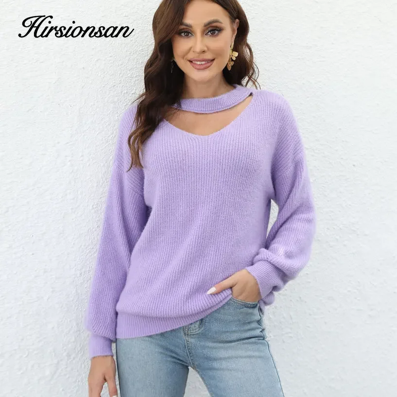 Hirsionsan Soft Warm V Neck Sweater Women Elegant Candy Color Knitted Female Pullovers Loose Cashmere Basic Knitwear Jumper