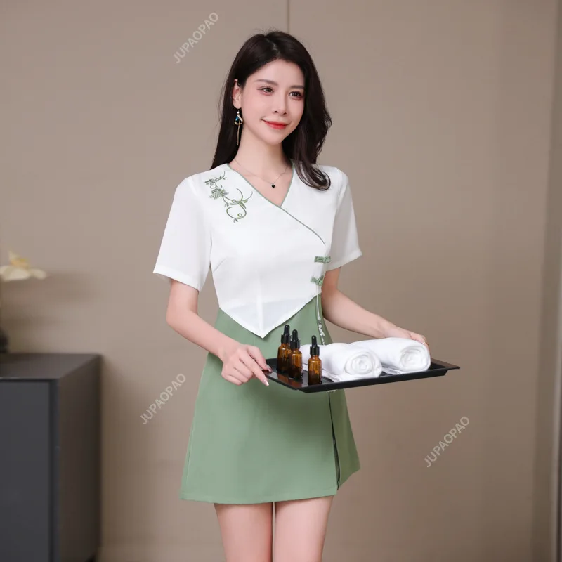 Set rok pendek Temperament untuk wanita, pakaian kerja teknisi mandi kaki musim panas, toko terapi kaki, ruang Kesehatan, memetik telinga, klub SPA, Set rok pendek