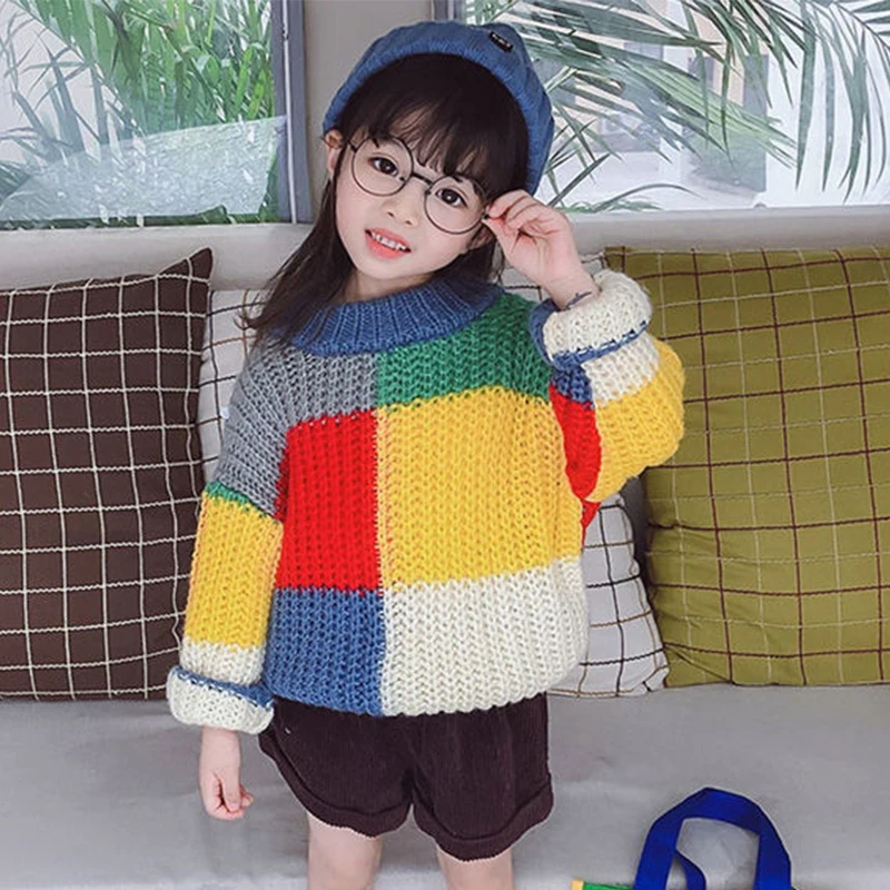 Autumn Winter 2023 New Baby Boys Sweater Girl Children Knitted Clothes Kids Pullover Jumper Toddler Sweater Plaid Color Matching