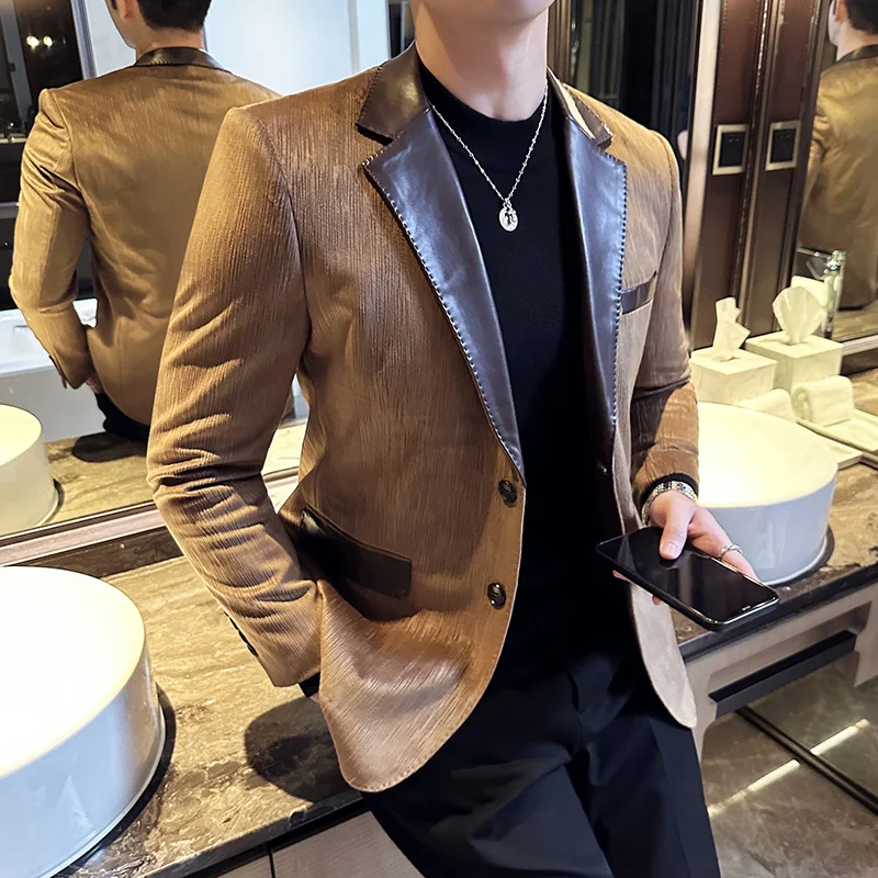 Brand Suede Suit Jacket for Men Spring Autumn Casual Business Blazers Slim Fit PU Splicing Gentleman Social Banquet Dress Coat