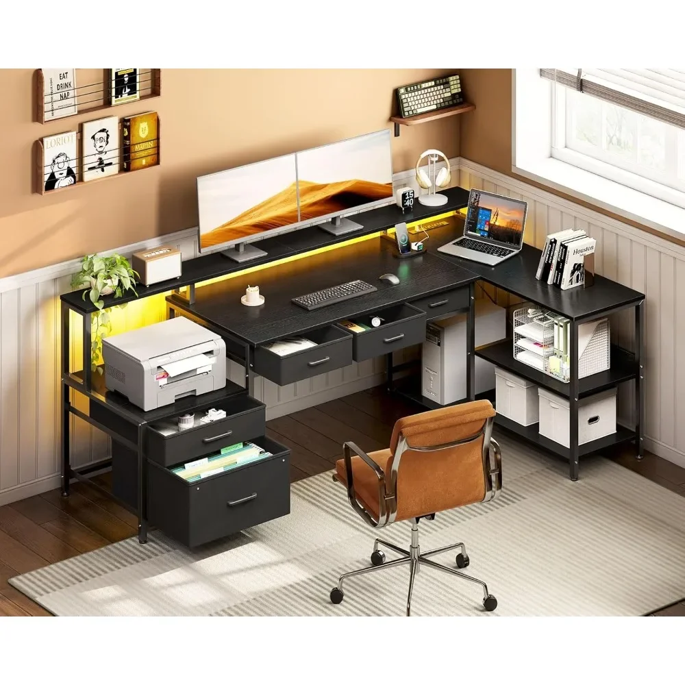 L Shaped Desk with 5 File Drawers, 66