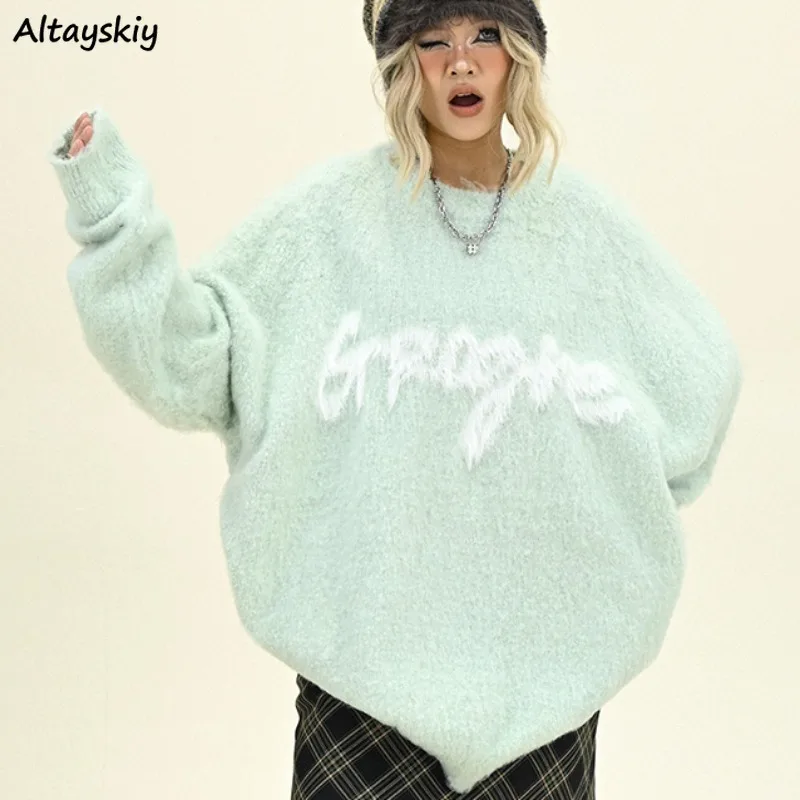 

Pullovers Women Cool Girls Letter Chic American Style All-match Loose Soft Long Sleeve O-neck Autumn Winter Retro High Street
