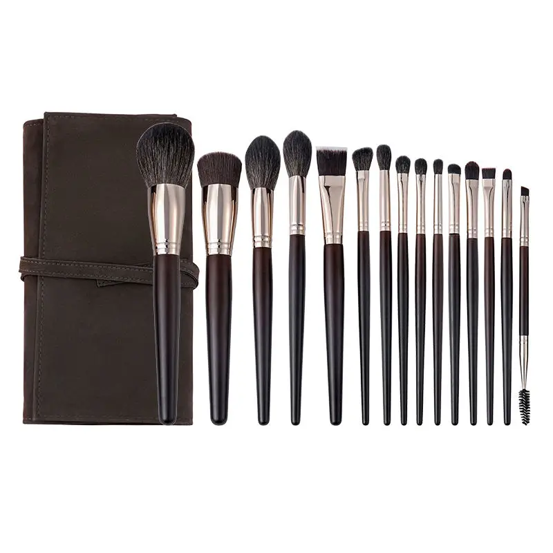 Goat Hair Makeup Brush Set 15 Pieces Including Powder Eyeshadow And Eyebrow Brushes With PU Case For Salon And Home