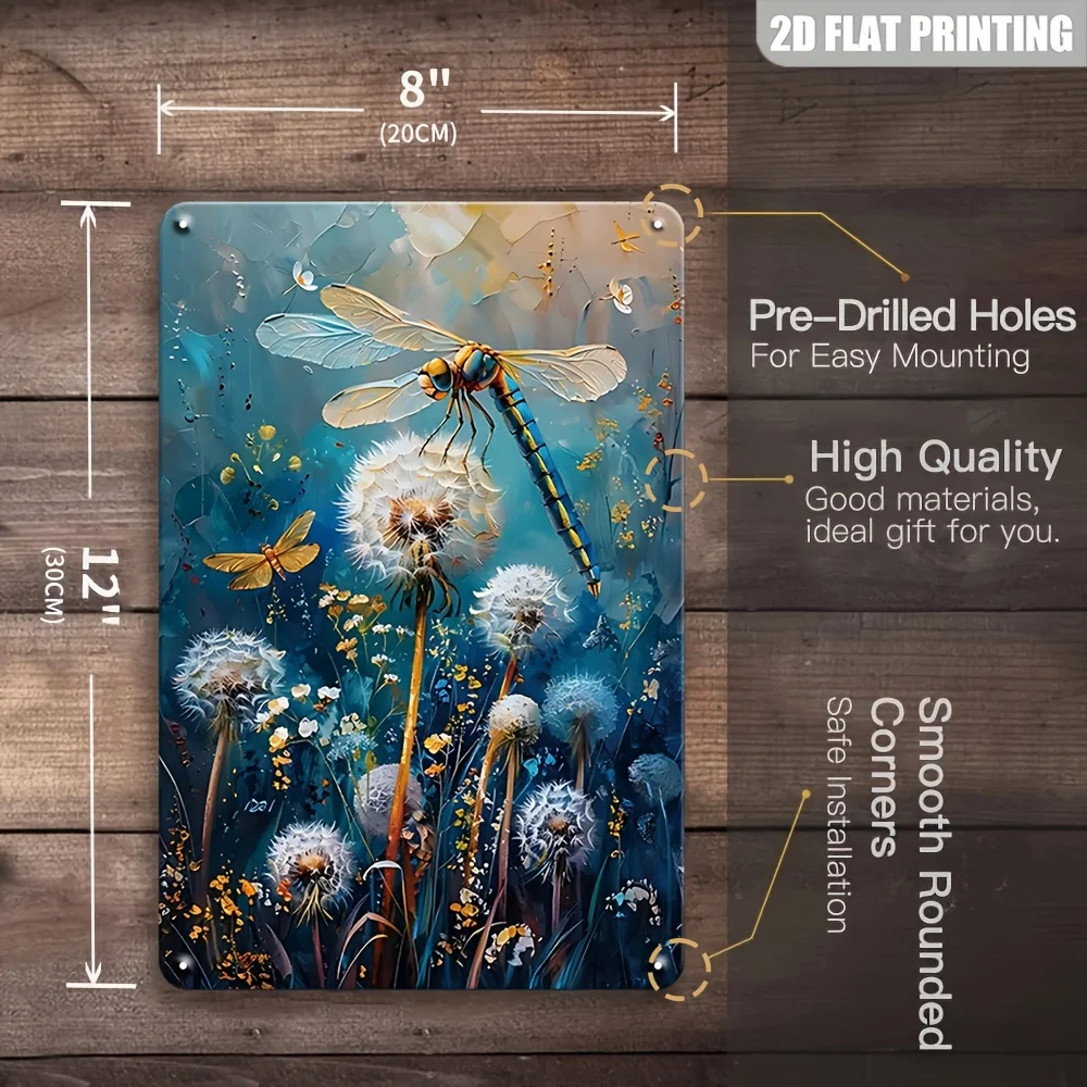 [JIT]6pcs Vintage Metal Tin Sign, Dandelion& Dragonfly Decorative Poster, Home Decor, Wall Art Decor for Garden, Yard, Room, Pat