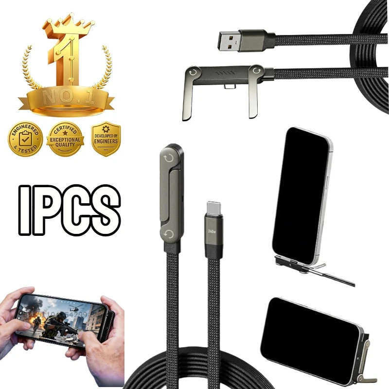 65W 2 in 1 USB A To USB C Fast Charging Foldable Phone Holder Data Cable USB Type C Builtin Desk Bracket Wire for Huawei Samsung