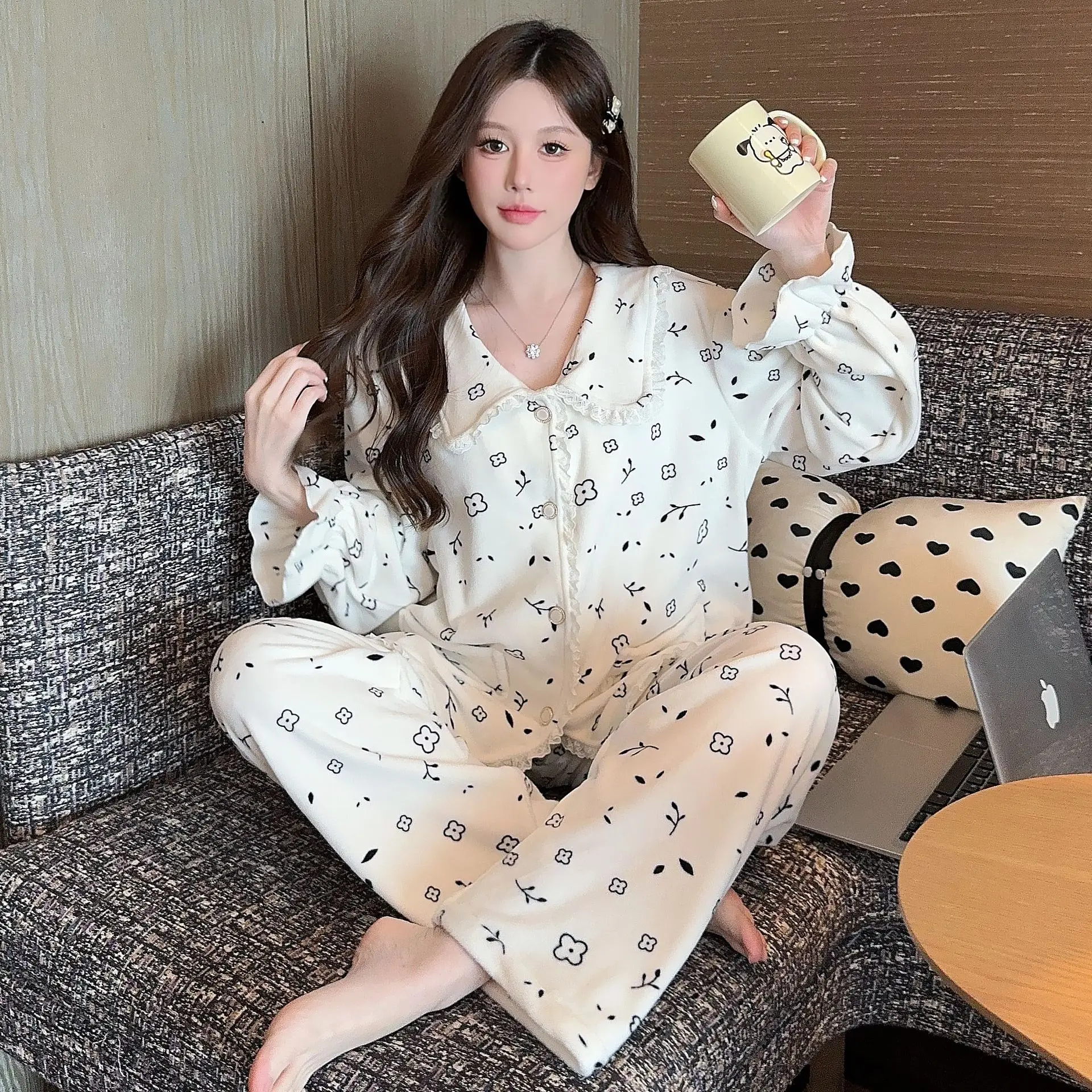 

Winter Warm Long Sleeve Pants Floral Print Woman Satin Pajama Sets Ensembles 2 Piece Outfit Lounge Women Pijama Pj Pajama