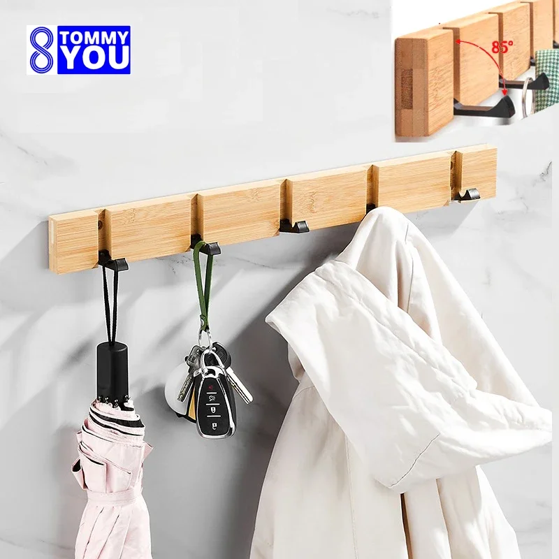 

Foldable Wooden Coat Racks Bamboo Hallway Hat Hanger Bedroom Door Wall-Mounting Corner Room Kitchen Toilet Wall Invisible 5 Hook