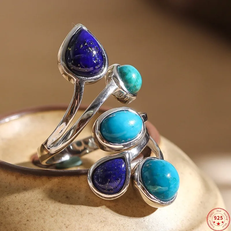 

S925 Sterling Silver Rings For Women 2023 New Women's Fashion Natural Fenghuanglite Lapis Adjustable Pure Argentum Hand Jewelry