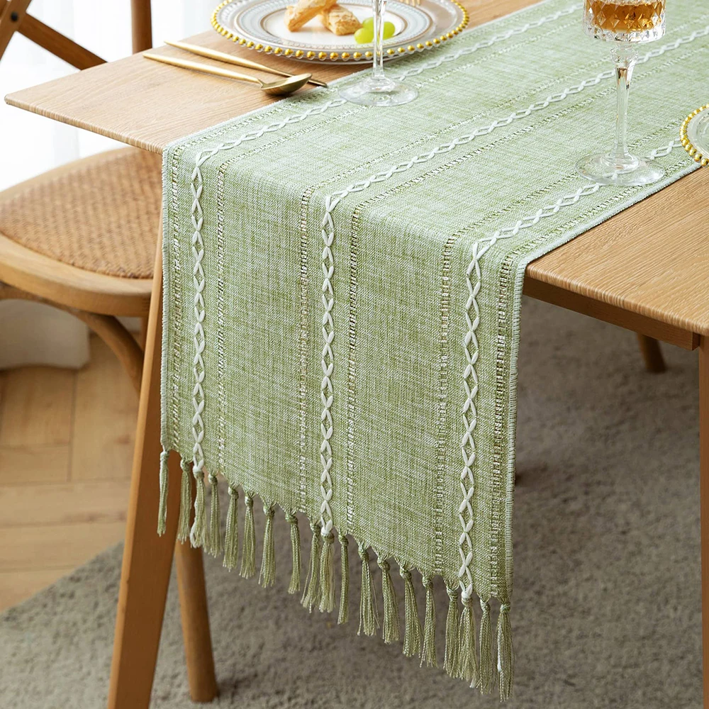 Linen Table Runner Boho Farmhouse Rustic Piano Dust Cover with Tassels for Dining Kitchen Coffee Party Dresser Home Table Decor