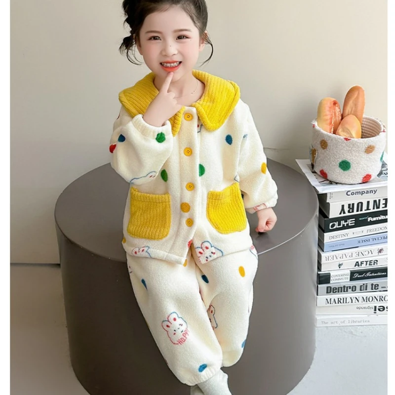 

2025 Girls Coral Fleece Pajama Set, Plush Flannel Loungewear for Toddlers & Kids Winter Sleepwear