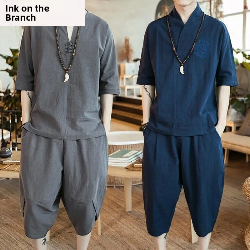 Loose Men's Short Sleeve T-Shirt Set Spring Summer Vintage Retro Tang Costume Hanfu Two-Piece Set Fitness Casual Wear Cotton