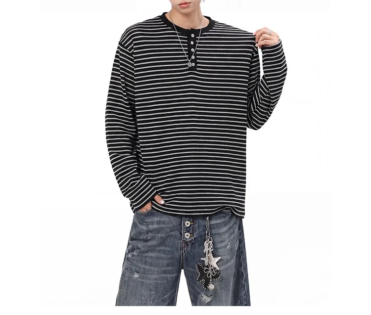 Herbst Neuheit: Henry-Kragen Gestreiftes Casual-T-Shirt mit Knöpfen, Übergröße, Locker Geschnitten, Langarm, Weiche Strick-Unterwäsche für Herren, Basisschicht-Oberteil – Detail 6