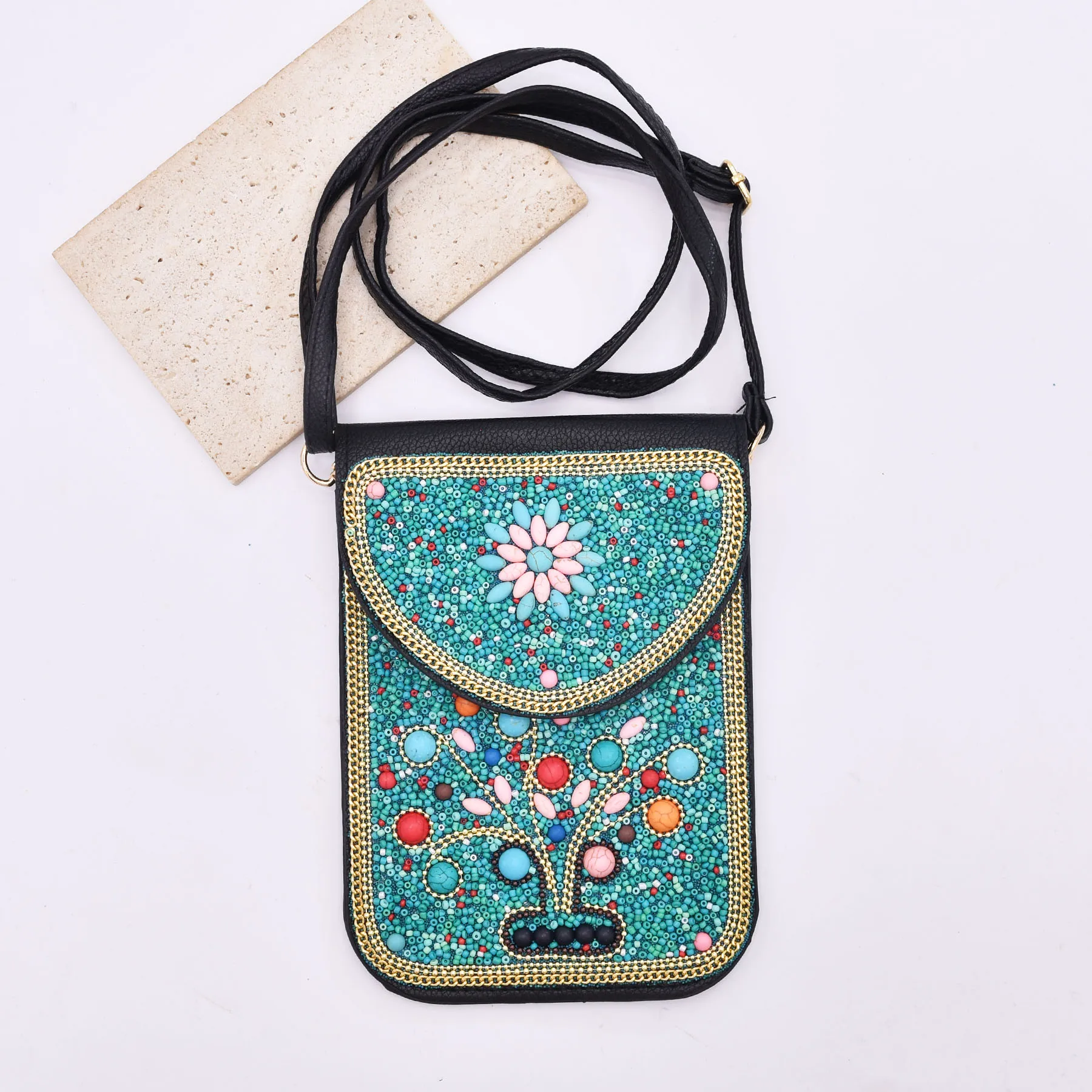 

New Bohemian Tree Flower Bag Multicolor Turquoise Rice Beads Short Handbag Women's Ethnic Style Handmade Crossbody Accessory