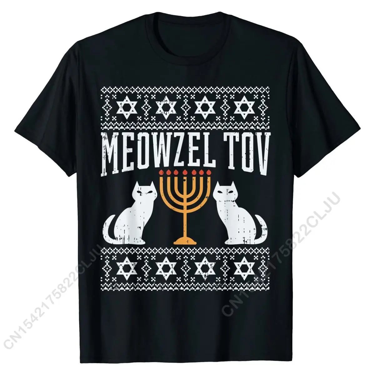 Meowzel Tov Chanukah Jewish Cat Owner Ugly Hanukkah Gift T-Shirt High Quality Casual T Shirt Cotton Tees For Men Custom