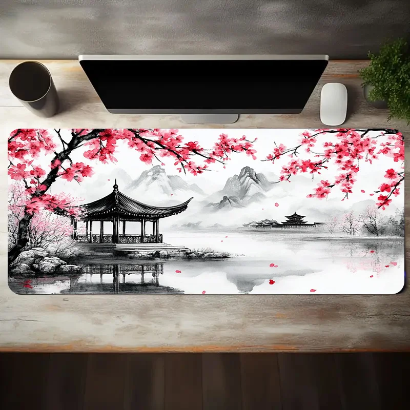 

XXL Gaming mouse pad Ink-wash landscape pink cherry pavilion fallen flowers pattern anti-slip rubber mat office desk accessory