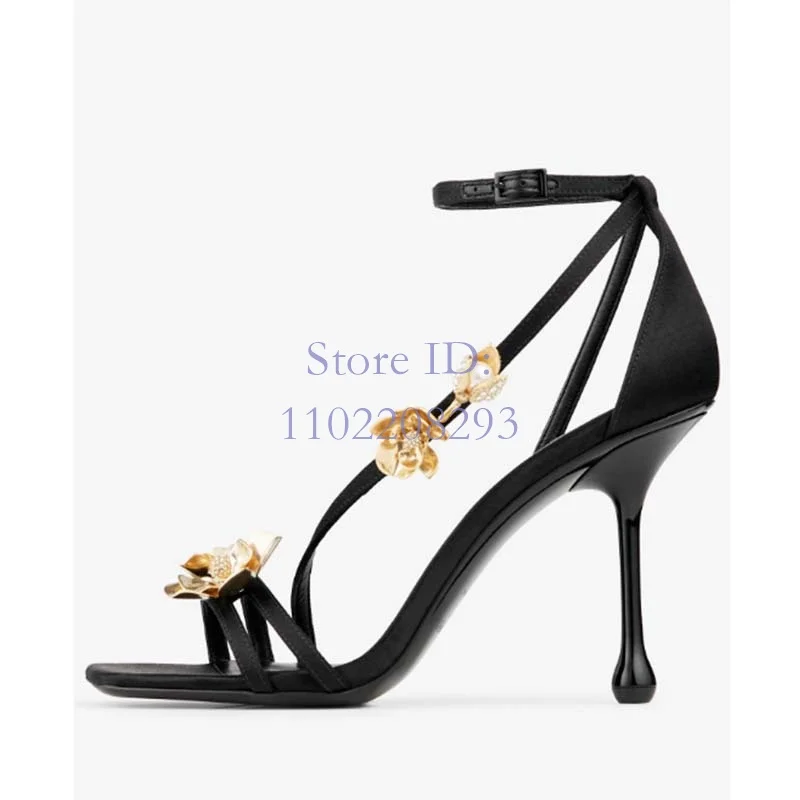 Crystal Golden Rose Straps sandali a spillo Square Open Toe Solid Thin High Cover Heel Back Buckle Strap scarpe Sexy da donna 2024