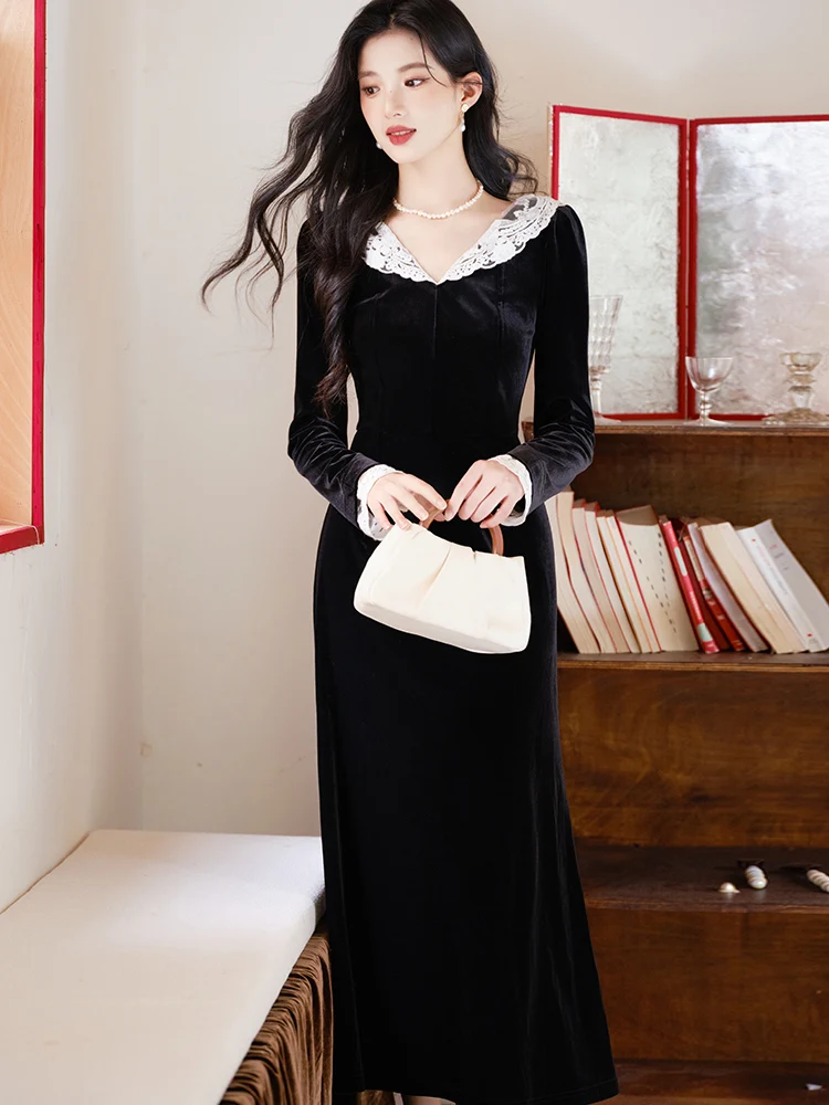 Czarna aksamitna sukienka patchworkowa z koronką, dekolt w serek, elegancka sukienka bodycon na jesień i zimę, sukienka festiwalowa 2025, koreańska sukienka vintage na imprezę.