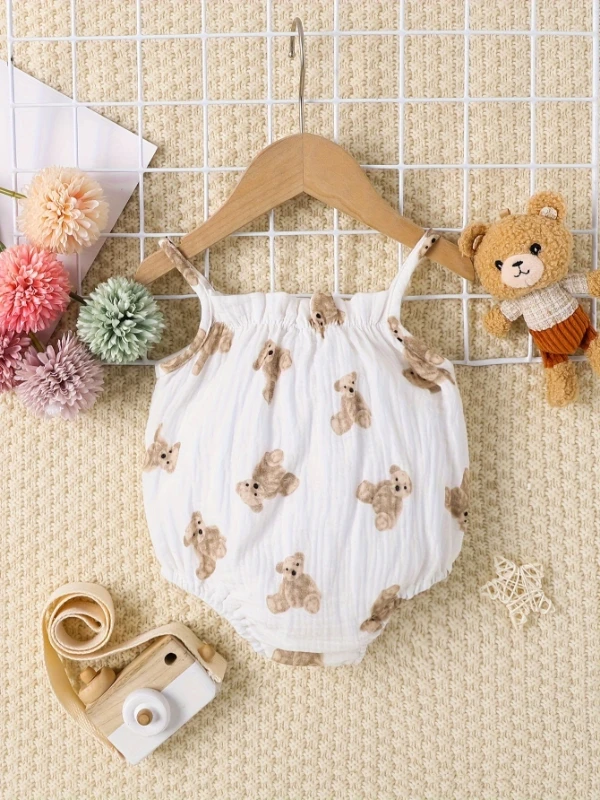 Baby Bear Print Sleeveless Bodysuit | White Gauze Spaghetti Strap Romper | Summer Cute Baby Outfit