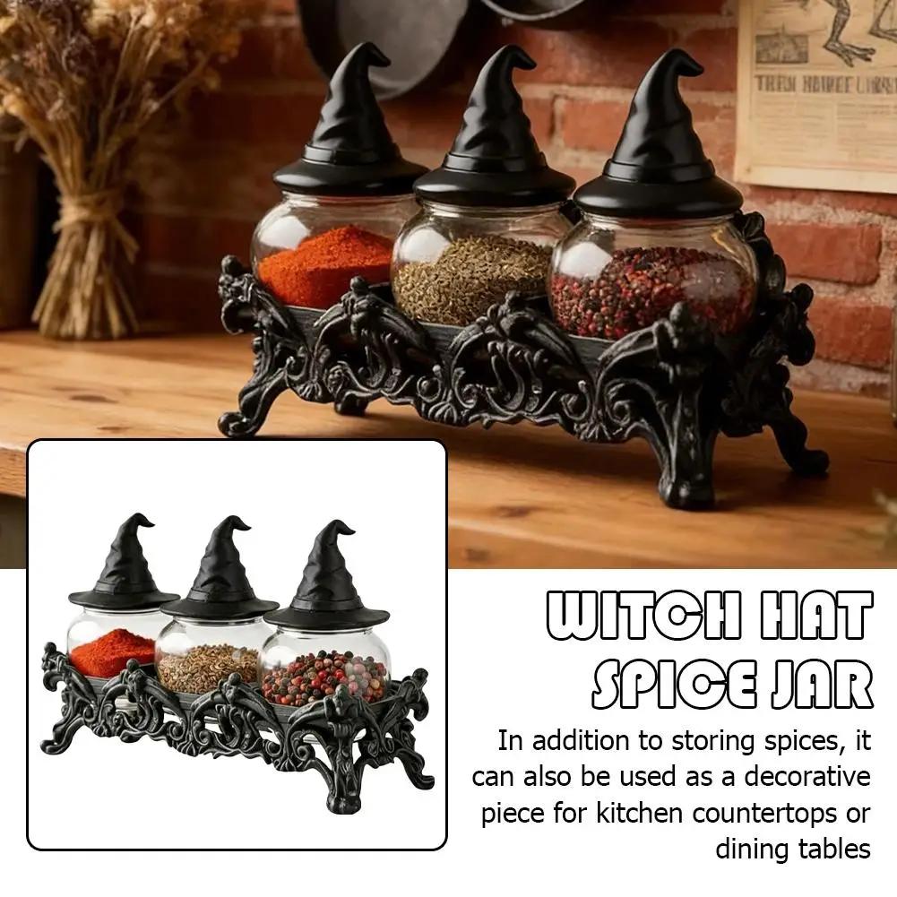 Gothic Witch Hat Spice Jar Set - 3pc Glass Jars with Black Hat Lids Ornate Cast Iron Base Vintage Kitchen Storage for Spices And