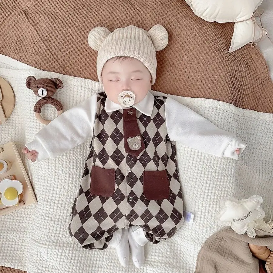 Baby Boy Fall Rompers Gentlemen Outfits Trendy & Cute Cotton Clothes for Newborn Infant Photo Shoots 100-Day Banquet Costume