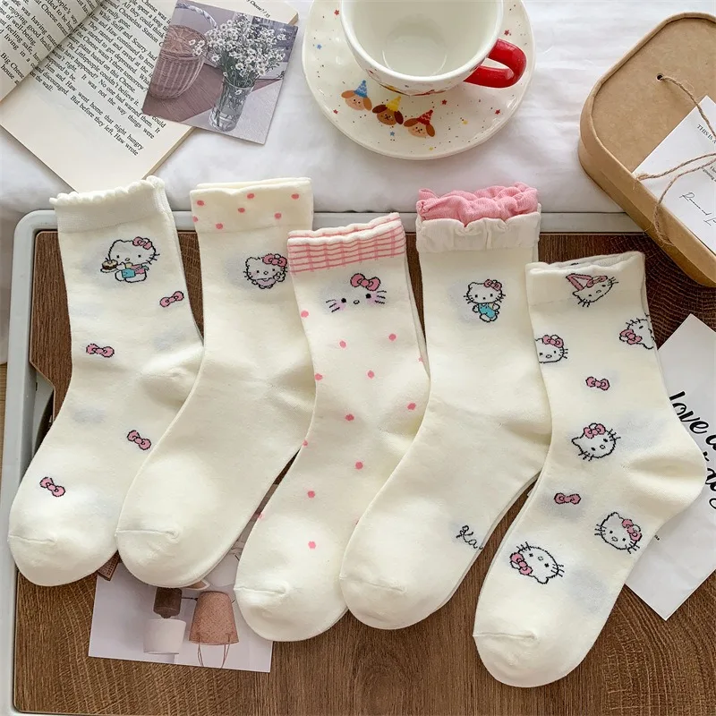 

Cute Women's Socks Hello Kitty Cotton Sweet Cartoon Girls Socks Anime Printed Kawaii Children's Lace Middle Sock Summer Spring