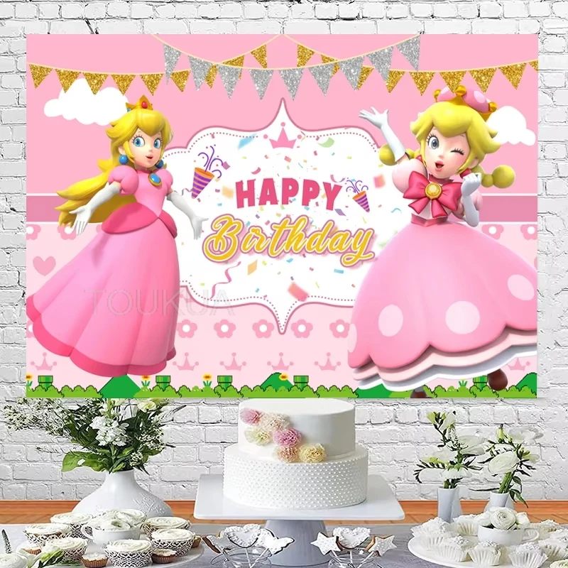 Disney Peach Princess Theme Girl Birthday Party Background Decoration Pink Bow Surprise Baby Shower Pink Backdrop Party Backdrop