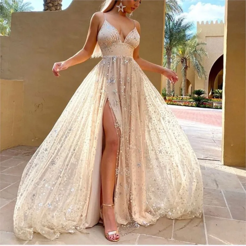 

New long strapless waist-cinching slit and sequined floor-length dress