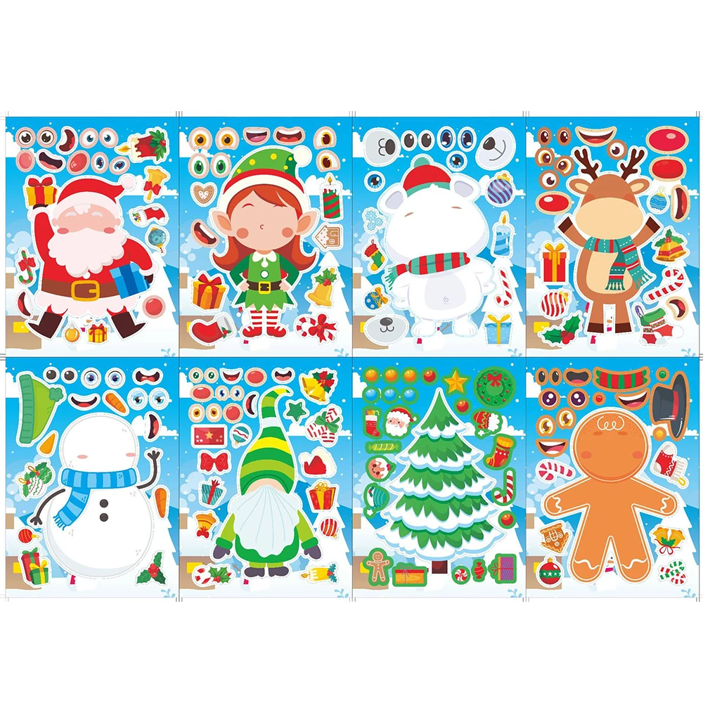 8/16Sheets Make a Face Christmas Puzzle Stickers Santa Claus Elk Funny Assemble Jigsaw Cute DIY Party Decoration Kids Gift Toys #4