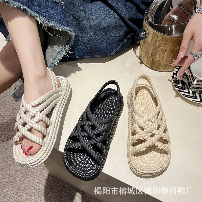 2024 Summer Thick Sole Popular Outerwear Versatile One Word Strap Flat Sandals Little Fairy Popular Pinecake Beach