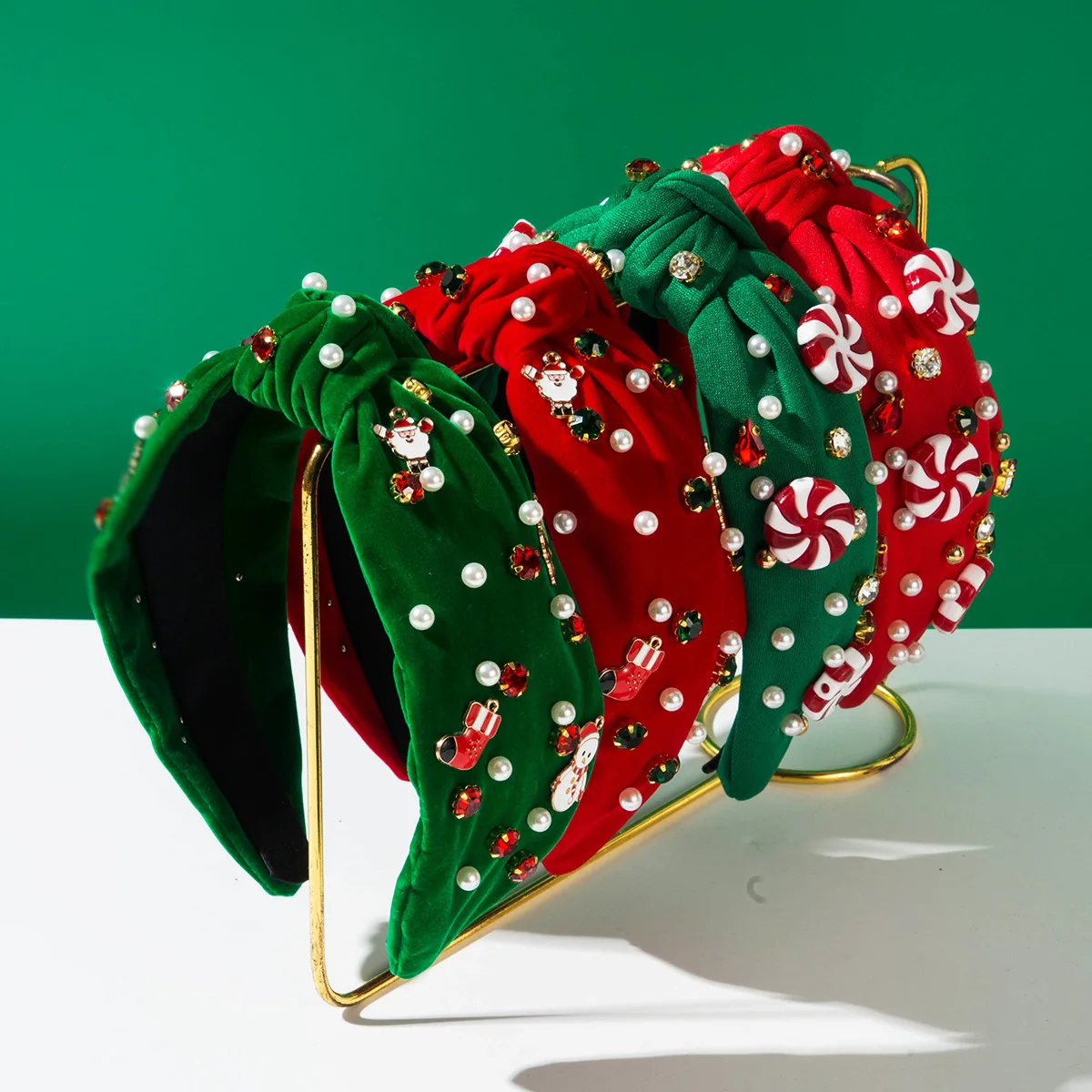 Weihnachtliches rot-grünes Haarband mit eingelegten Diamanten und Perlen, breitem Rand und Bonbon-Knoten für Damen, Haaraccessoire für Feiertagspartys.