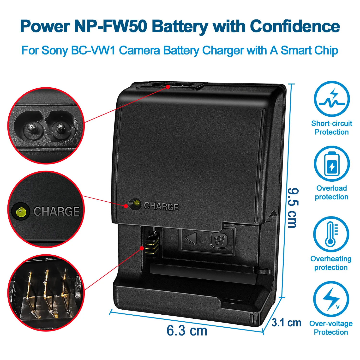 BC-VW1 Batterieladegerät für Sony NP-FW50 Akku für A5000 A5100 A6000 A6300 A6500 A6400 A7R A7S A7 A7M2 A7R2 A33 A35 A37 Kamera – Detail 2