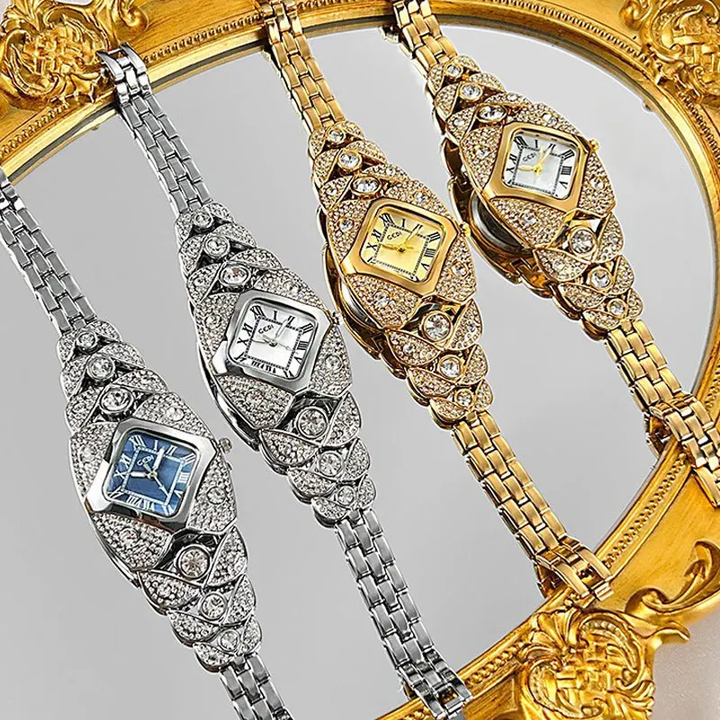 Роскошный браслет с бриллиантами, женские нерегулярные золотые стальные ремешки, женские часы в стиле ретро, водонепроницаемые кварцевые часы с большим циферблатом
