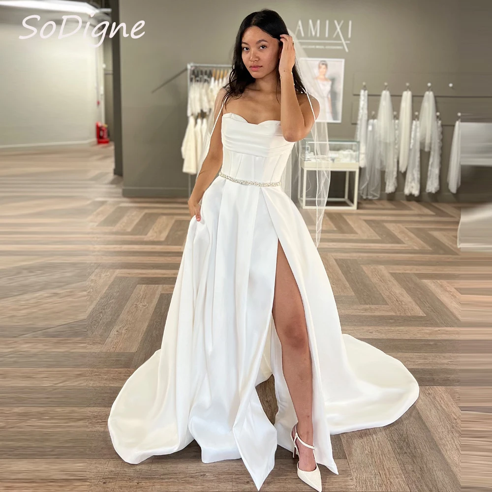 

SoDigne Simple Satin A-line Wedding Dresses Sweetheart Sleeveless Crystal Bridal Dress Long Bride Gown 2024 vestidos de novia