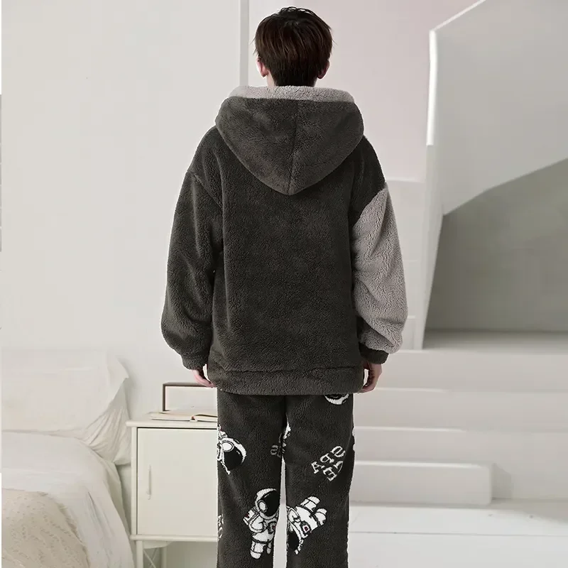 Sets Cool Pajama Loungewear Male Warm Korean Winter Sleepwear Pyjama Soft Men Thicken Astronaut Hooded Adult Pijama