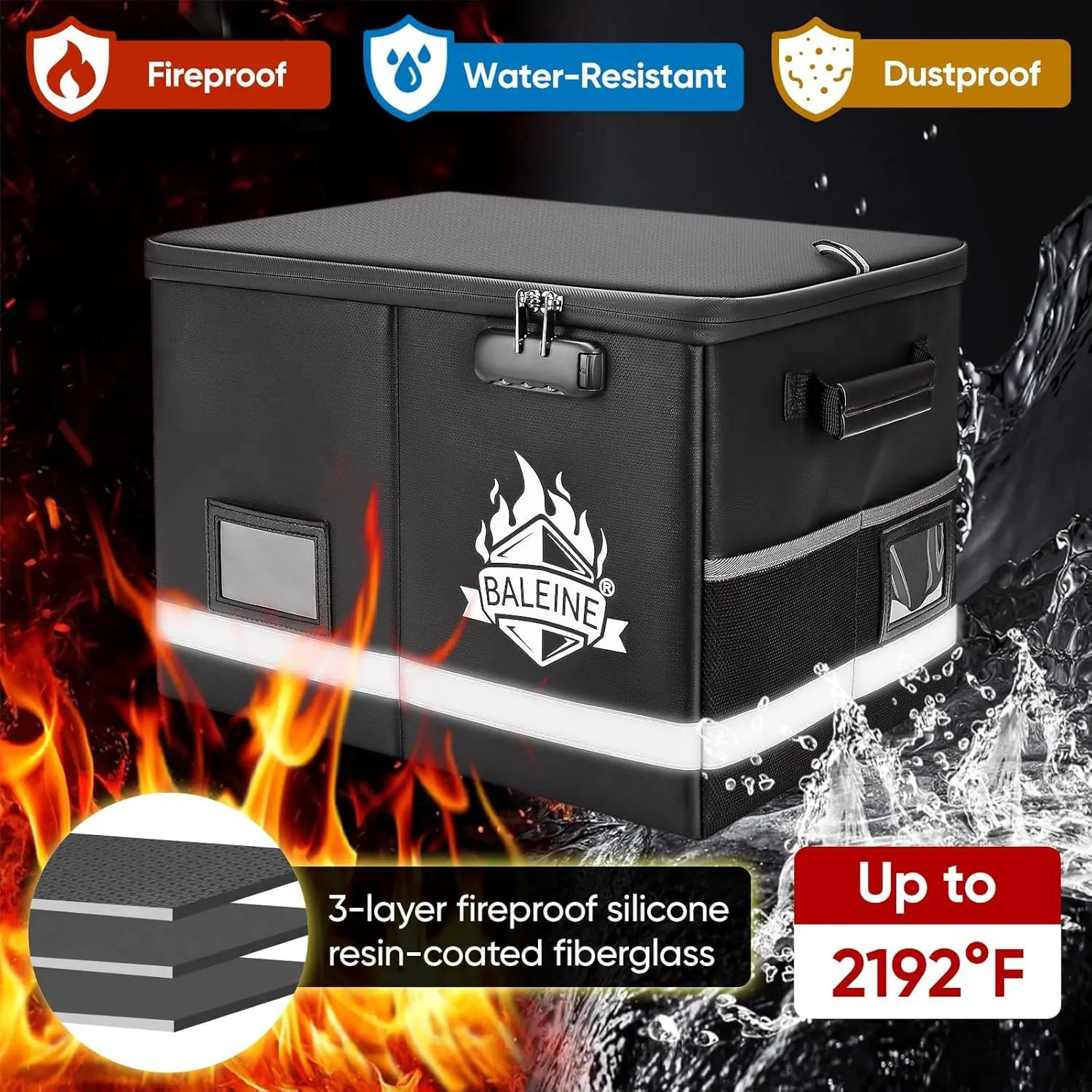 Fireproof Waterproof Document Box with Lock, Portable File Organizer for Important Papers (Black, 16''x12.5''x11.5'')