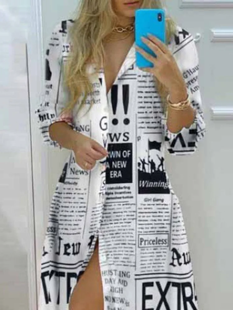 여성을위한 새로운 패션 인쇄 긴 드레스 캐주얼 느슨한 긴 소매 단추 여성 드레스 봄 여름 셔츠 드레스 가운