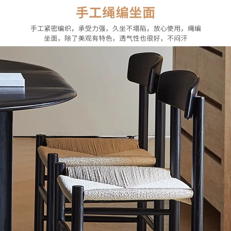 2025 جديد منتصف القرن الحديثة خشب متين الطعام كرسي المنسوجة يدويا حبل القنب مسند الظهر أثاث المكاتب المطبخ المنزلي
