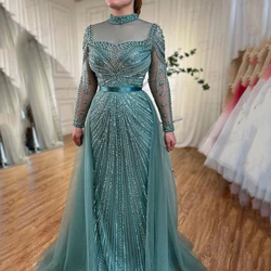 BRLMALL Arabic Feathered Formal Dresses For Women With Shoulder Cape Beaded Sheath Prom Dresses Real Images Party Prom Gown