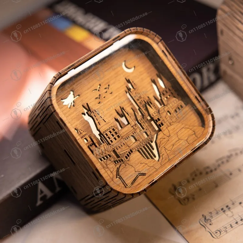 3D Wooden Paper Art Music Box Night Light for Castle House Decor, Portable Touch Control Gift