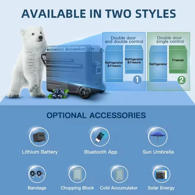 Durable Travel Refrigerator 12V 24V Electric Freezer Cooler Dual Zone Bluetooth App Control 38L 48L 58L Portable Car