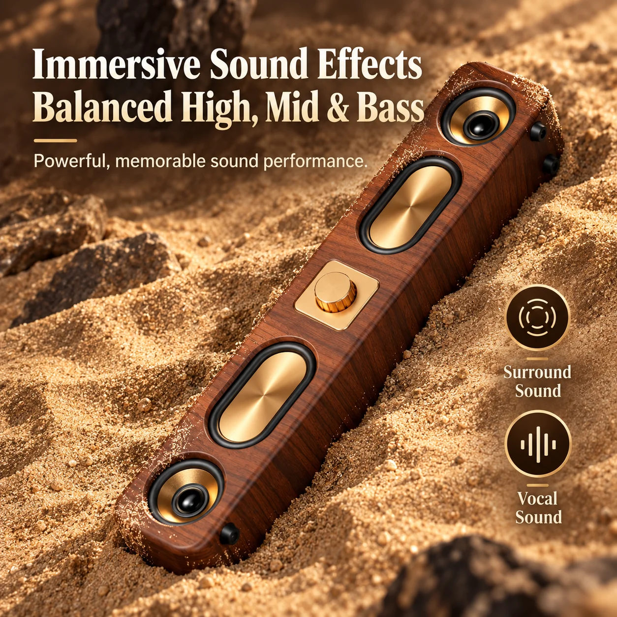 Retro Wood Grain Bluetooth Speaker, 4-Driver Stereo Soundbar with USB/TF/AUX Ports, Bluetooth 5.0 Wireless Desktop Audio Box
