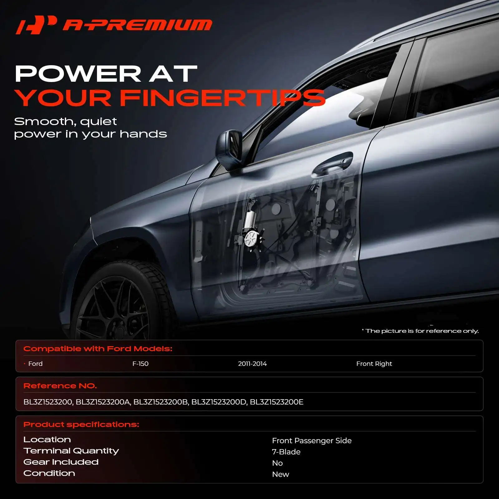A-Premium Front Right Passenger Side Window Lift Motor with Anti-Pinch for Ford F-150 2011-2014