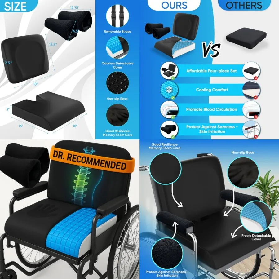 

Wheelchair n for Pressure Relief - 4-Piece Set 18"x16" Anti-Slip Wheelchair Seat ns, Lumbar Pillow and Wheelchair Armrest Pads